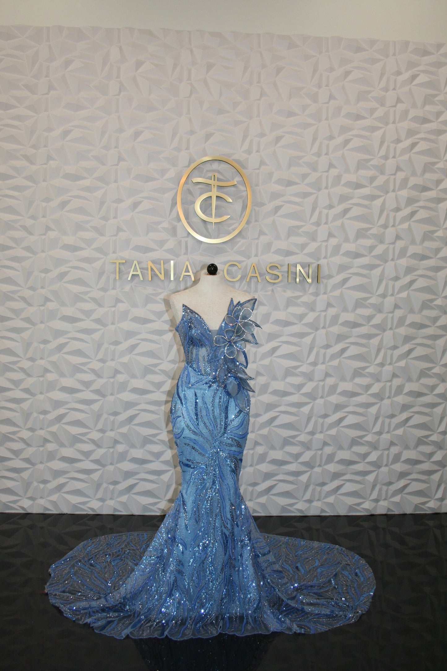 blue beaded petal corset gown