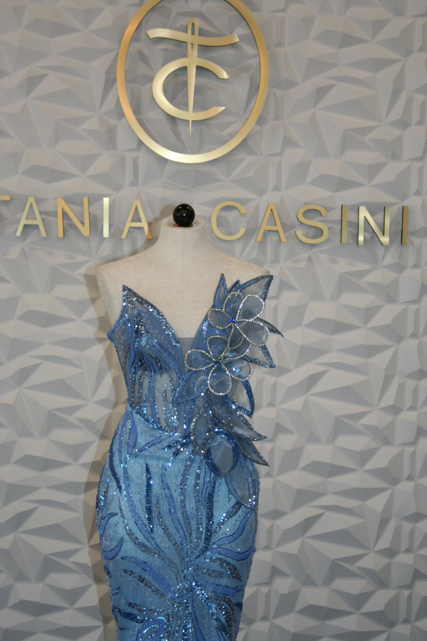 blue beaded petal corset gown