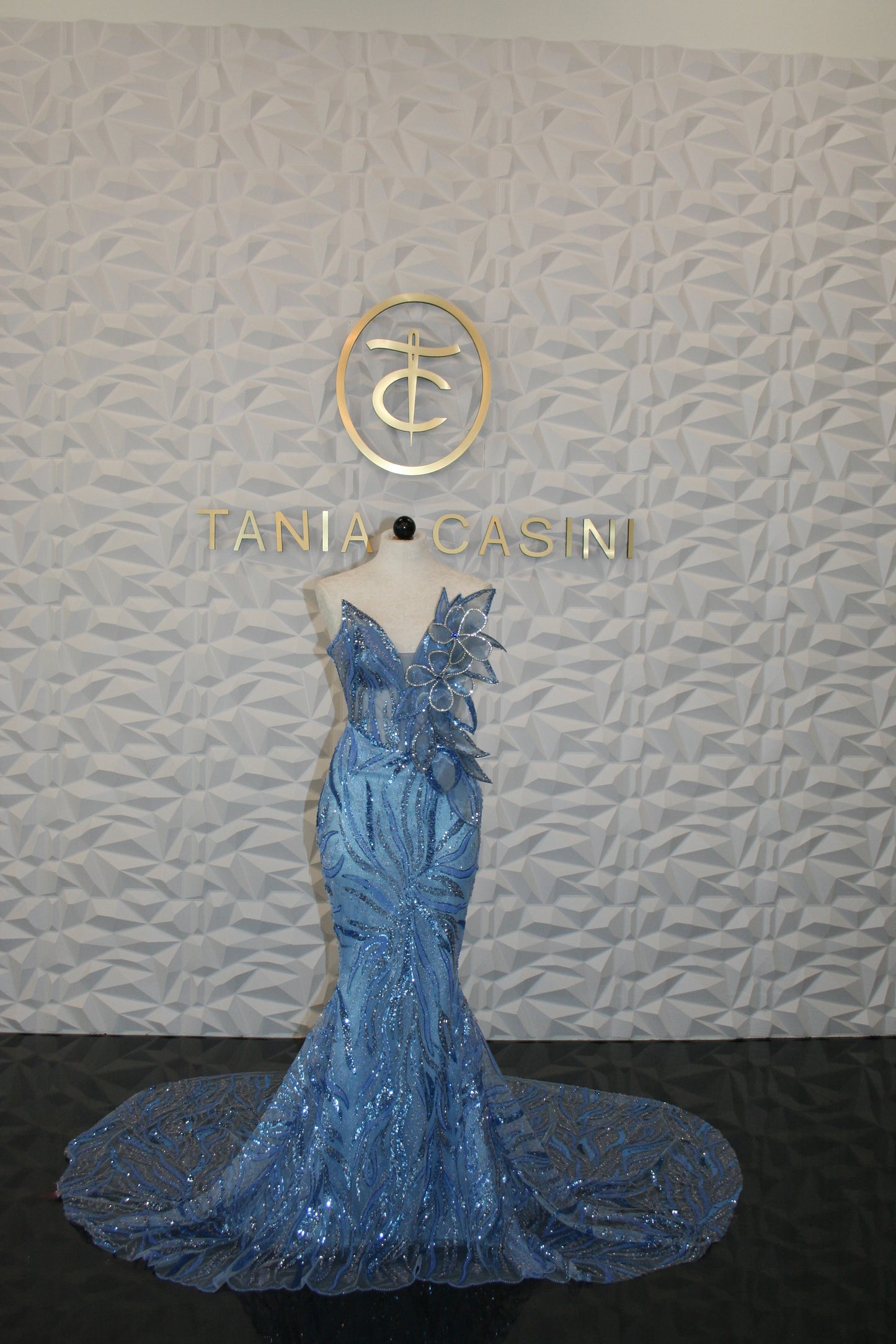 blue beaded petal corset gown