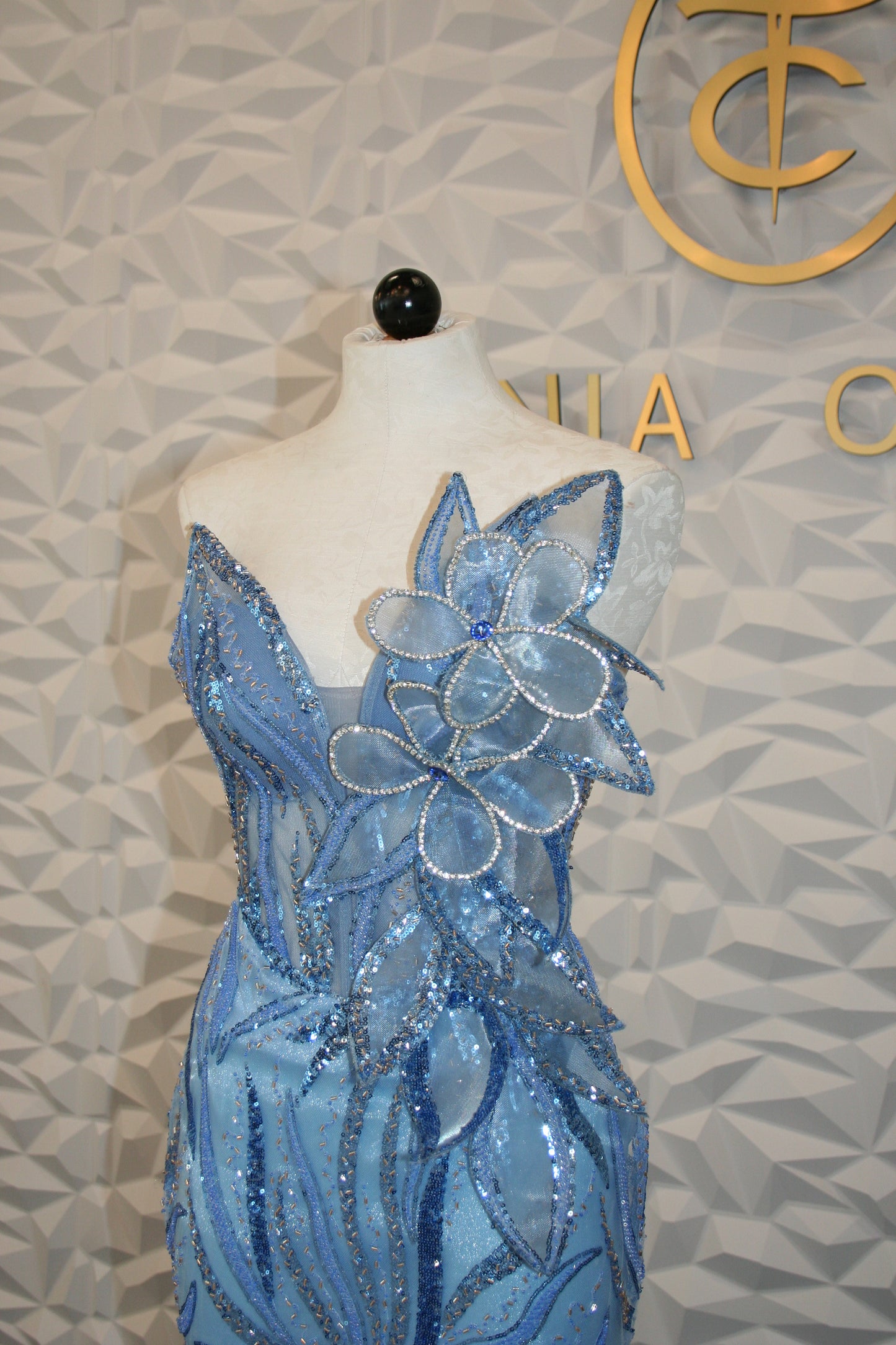 blue beaded petal corset gown