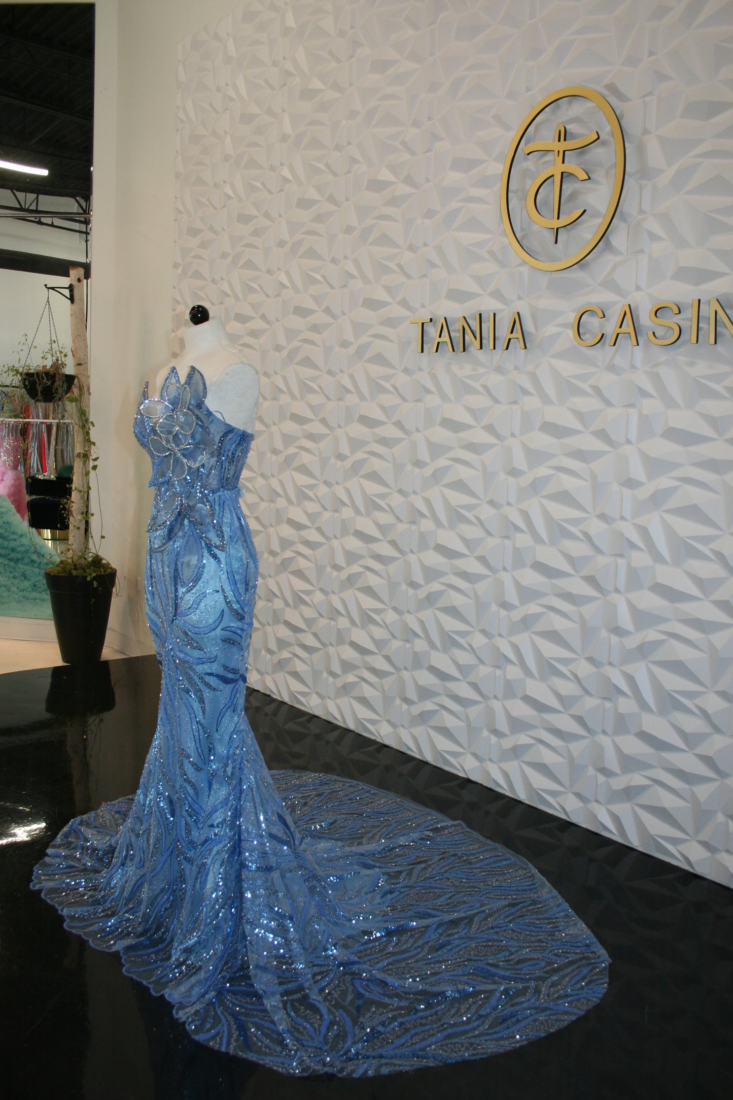 blue beaded petal corset gown