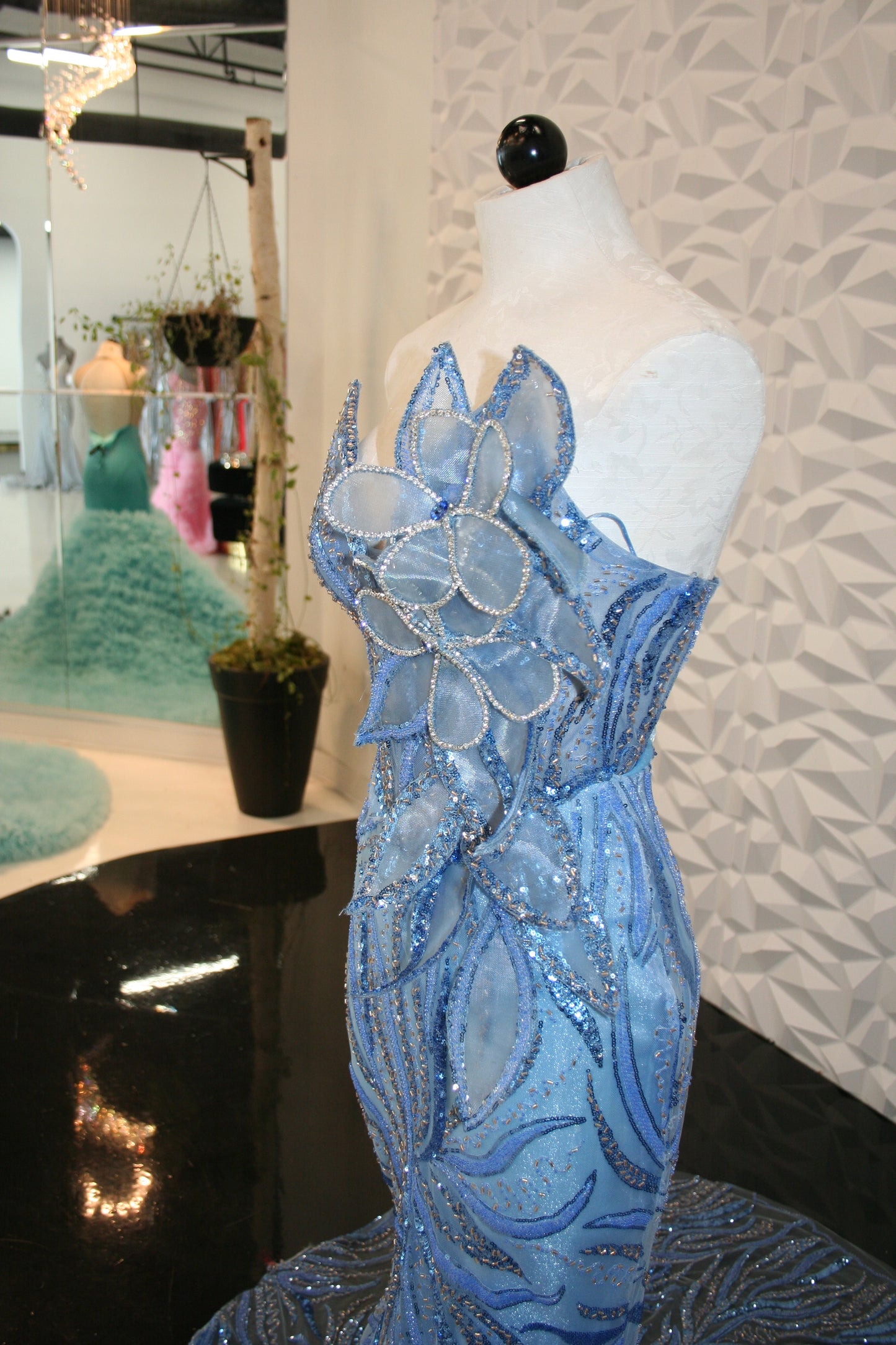blue beaded petal corset gown