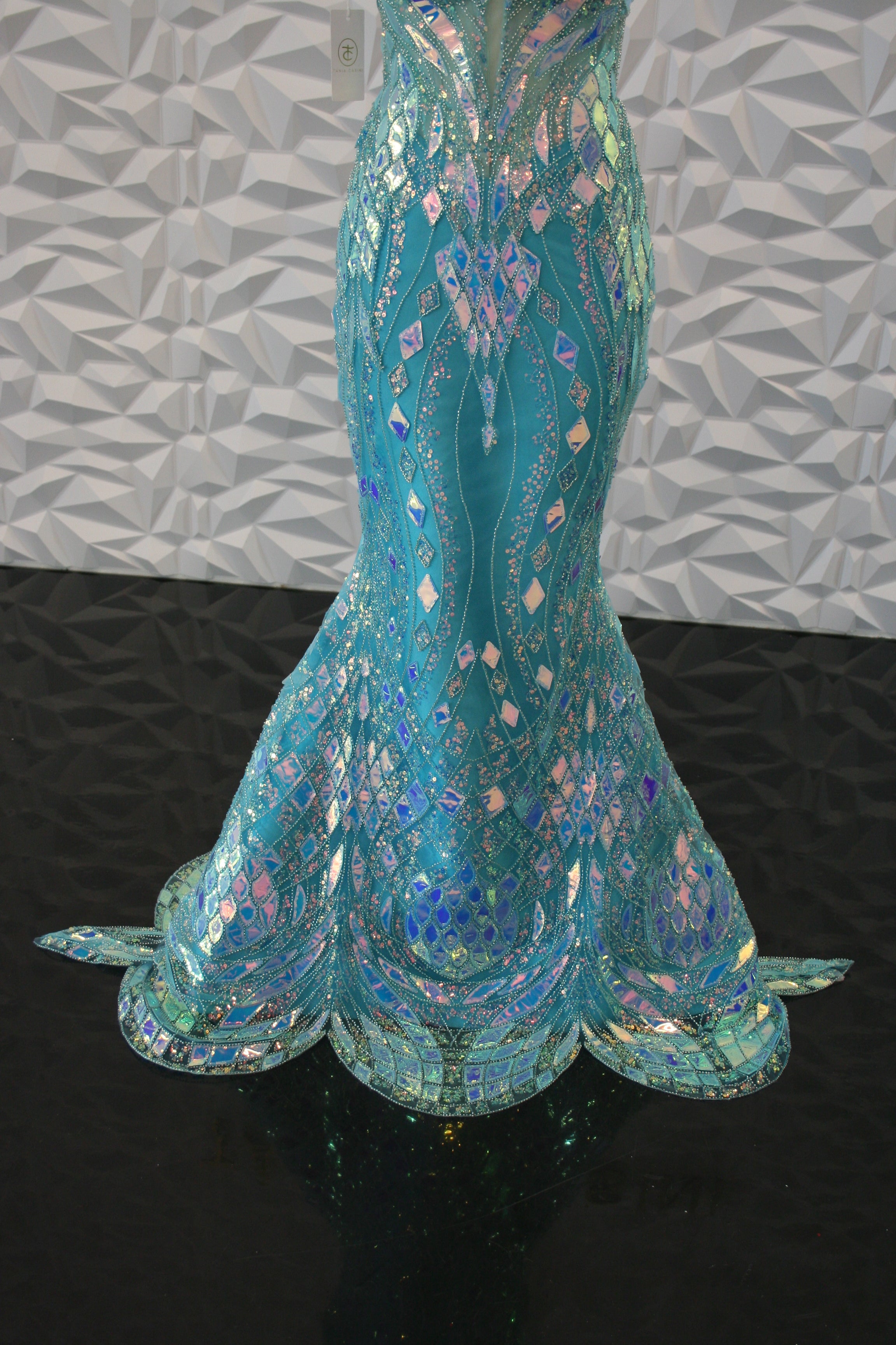 iridescent mermaid dress Jovani 08099 Iridescent Blue V Neck Open Back Dress